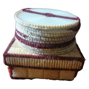 6 New Handcrafted Plastic Yarn Coasters/Box Tan Brown White Slip Bottom